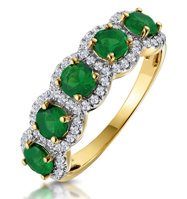 Emerald and Diamond Halo 5 Stone Asteria Ring in 18K Gold